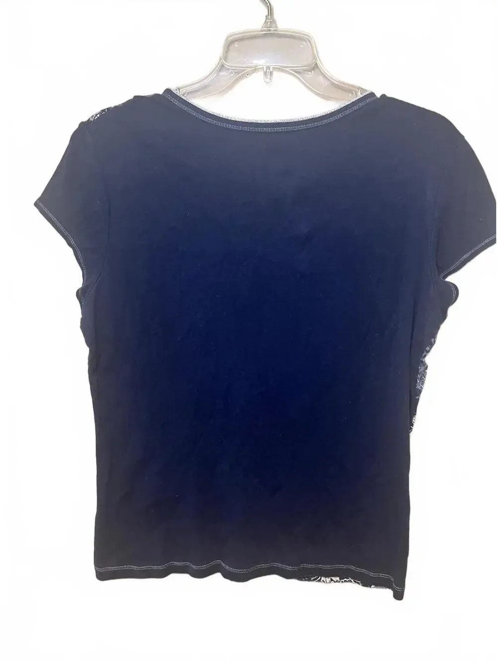 Blue Canyon Y2K Rhinestone Embellished Scroll Print Top XL Navy Gray Stretch